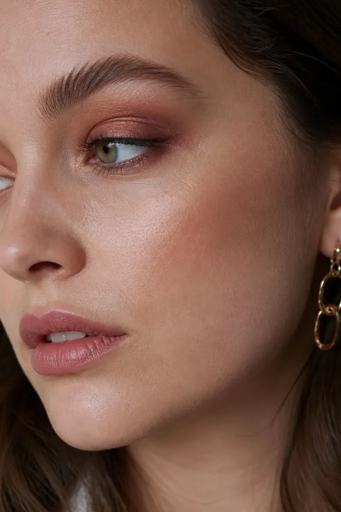Copper rose smudged upper liner with soft plum shadow in the crease
