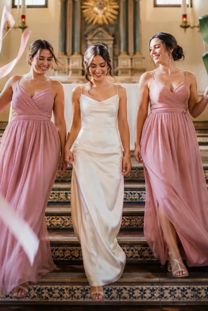 Bridesmaids holding long satin ribbons while walking down outdoor steps