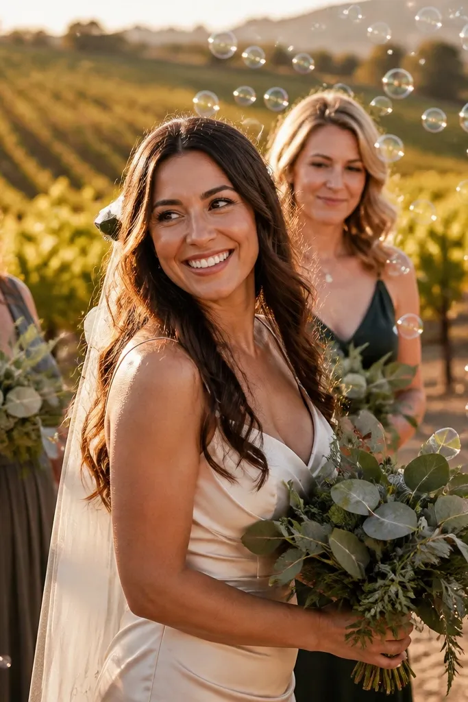 Bridesmaids laughing while blowing bubbles and holding bouquets outdoors at sunset