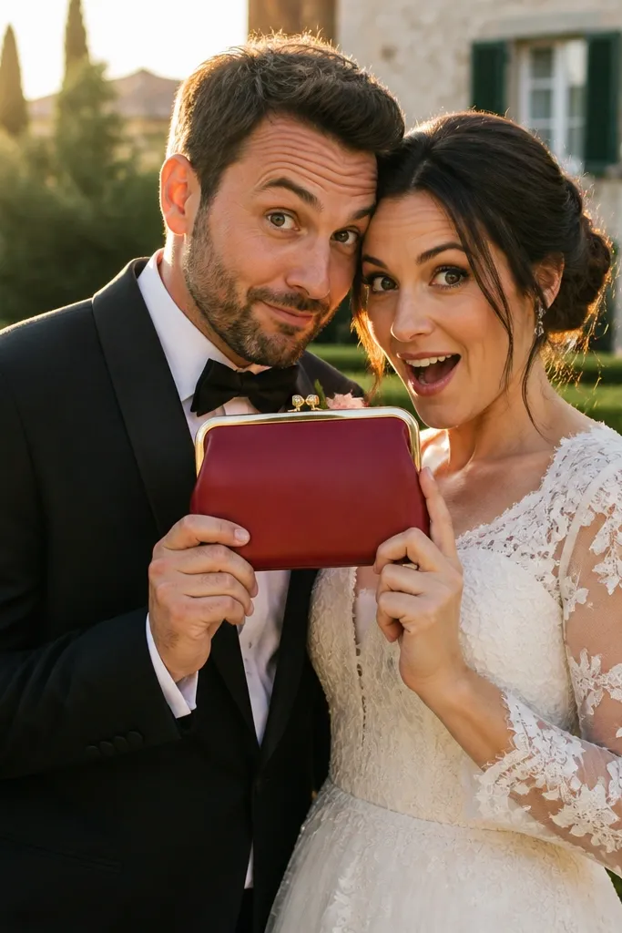 Bridesmaids holding small vintage clutches and posing playfully outdoors