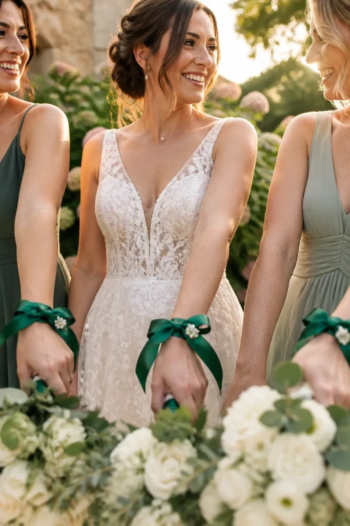 Bridesmaids with coordinated ribbon ties on wrists holding bouquets