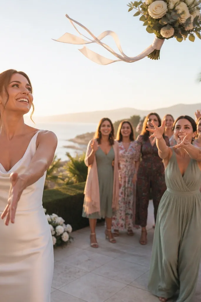 Bridesmaids laughing while one person catches a bouquet in mid-toss