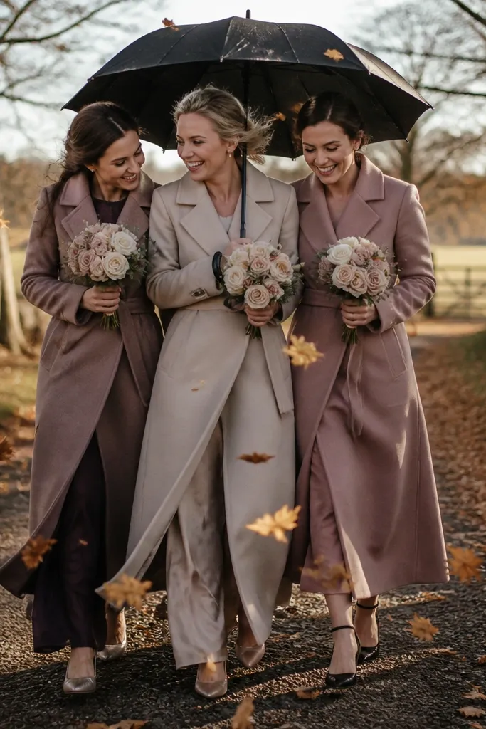 Bridesmaids walking with umbrellas while dry leaves swirl around their feet