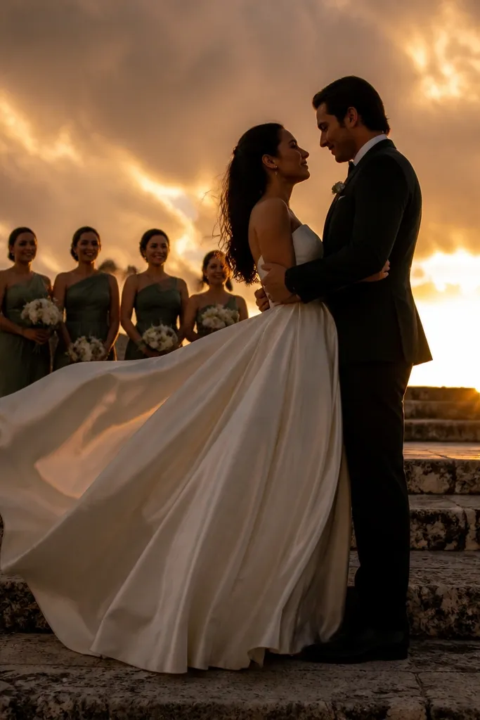 Bridesmaids standing on stone steps with backlit sky behind them