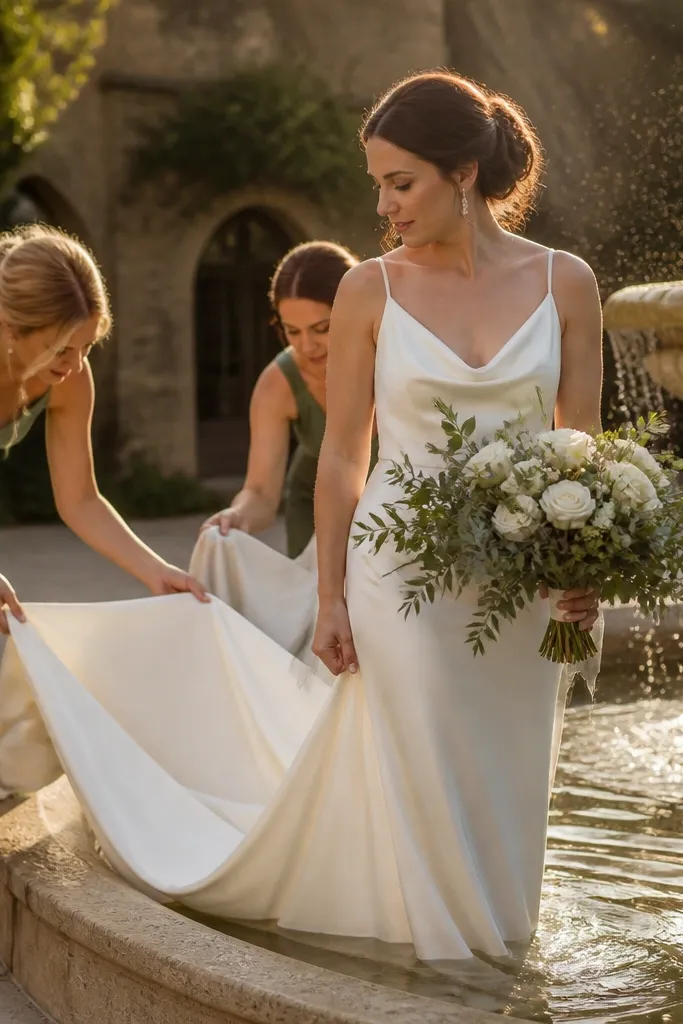 Bridesmaids standing by a fountain edge holding bouquets and lifting dress hems