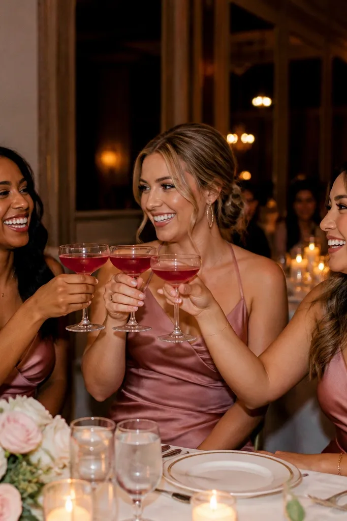 Bridesmaids clinking glasses and laughing at a table