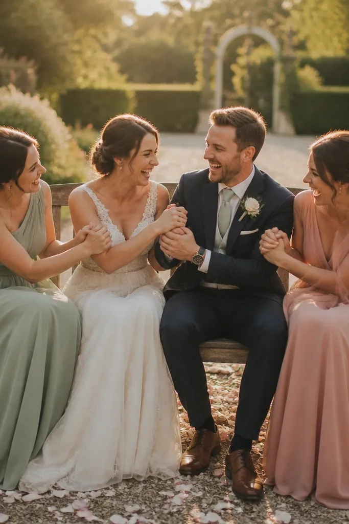 Bridesmaids linked hands on a garden bench laughing