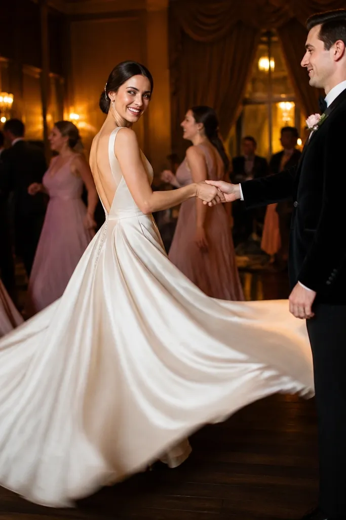 Bridesmaids mid-spin on a dance floor with bouquets and smiling