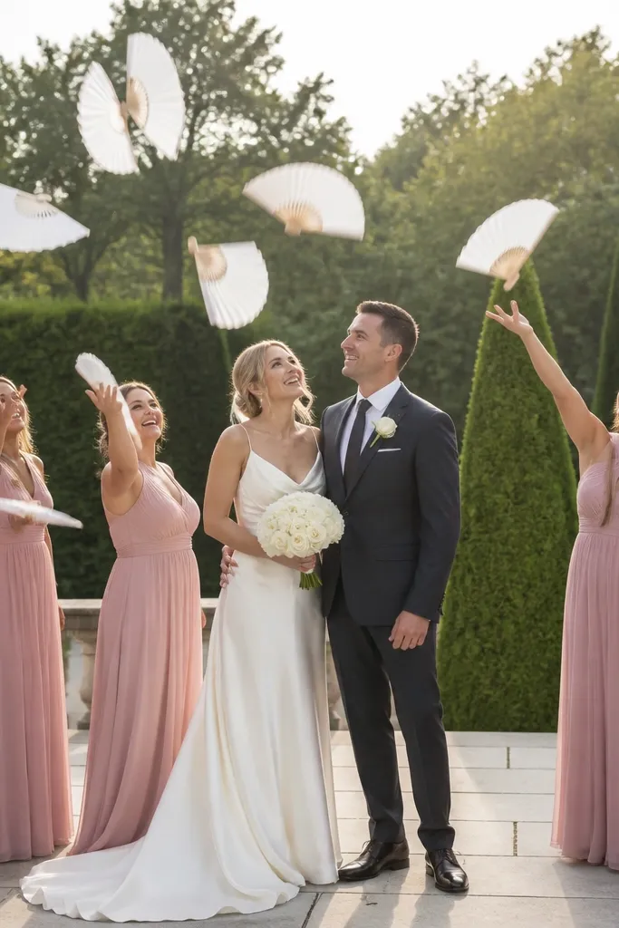 Bridesmaids tossing paper fans and laughing outdoors