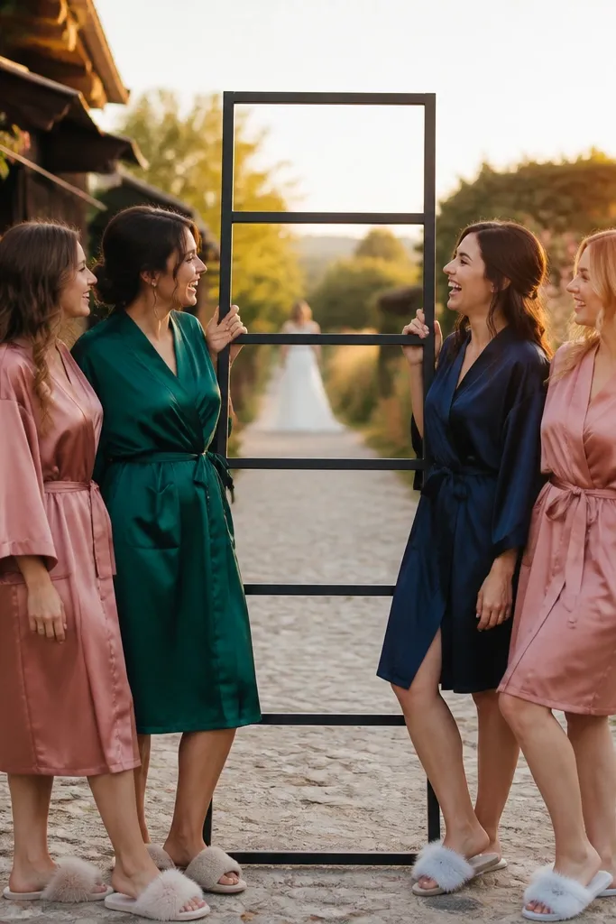 Bridesmaids posing inside a ladder frame outside the venue holding bouquets