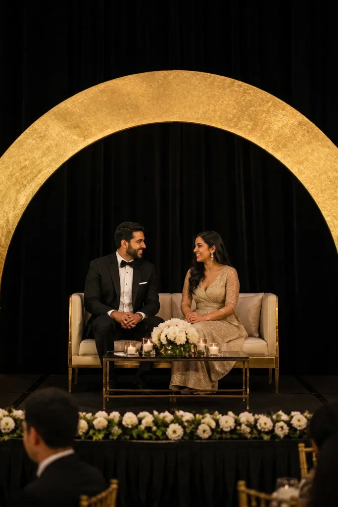 Black fabric backdrop with a gold ribbon arch above the stage center