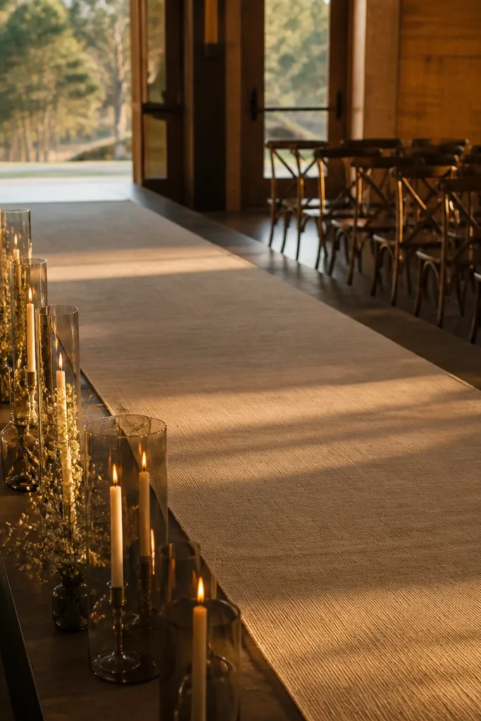 Sand-colored linen runner with a diagonal line of candles