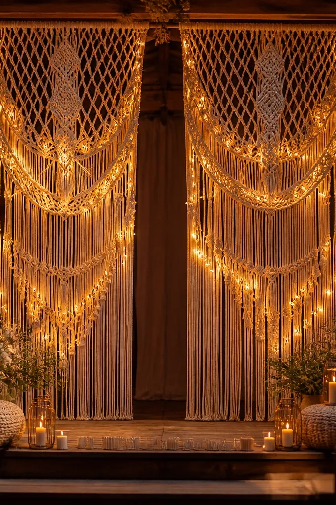 Macramé curtain panels with warm white lights along the stage edges
