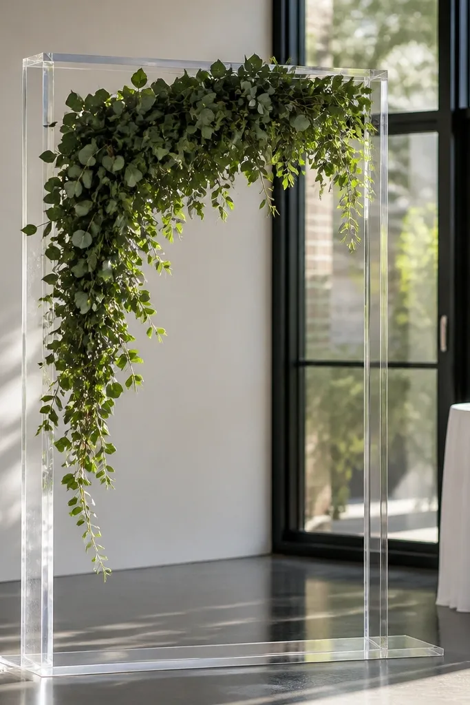 Clear acrylic frame with sage green cascading greenery behind the stage