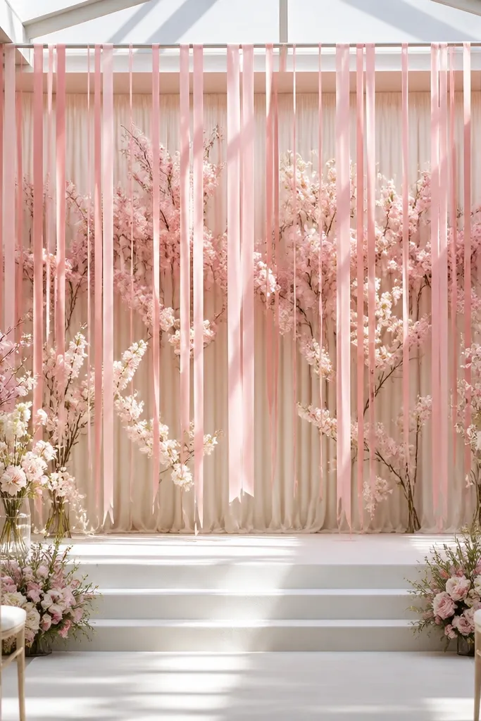 Pastel blossom curtain with vertical ribbon strands hanging down the stage