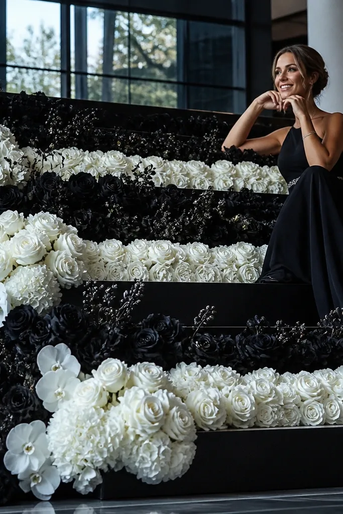 Black and white flowers arranged on stepped stage platforms