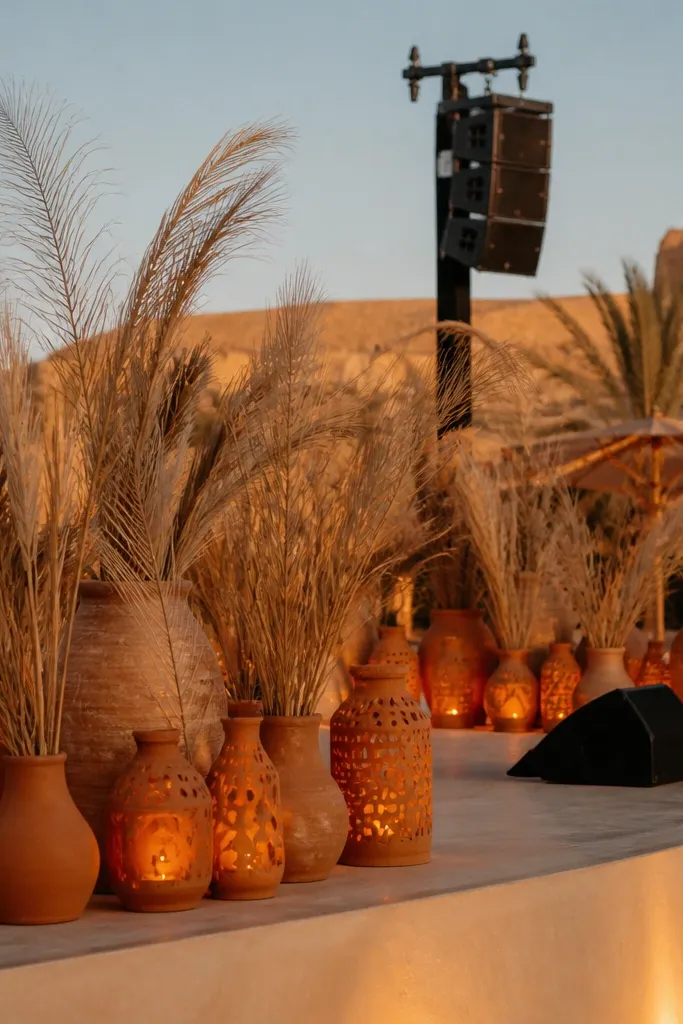 Terracotta lanterns with dried palm-like feather stems around the stage
