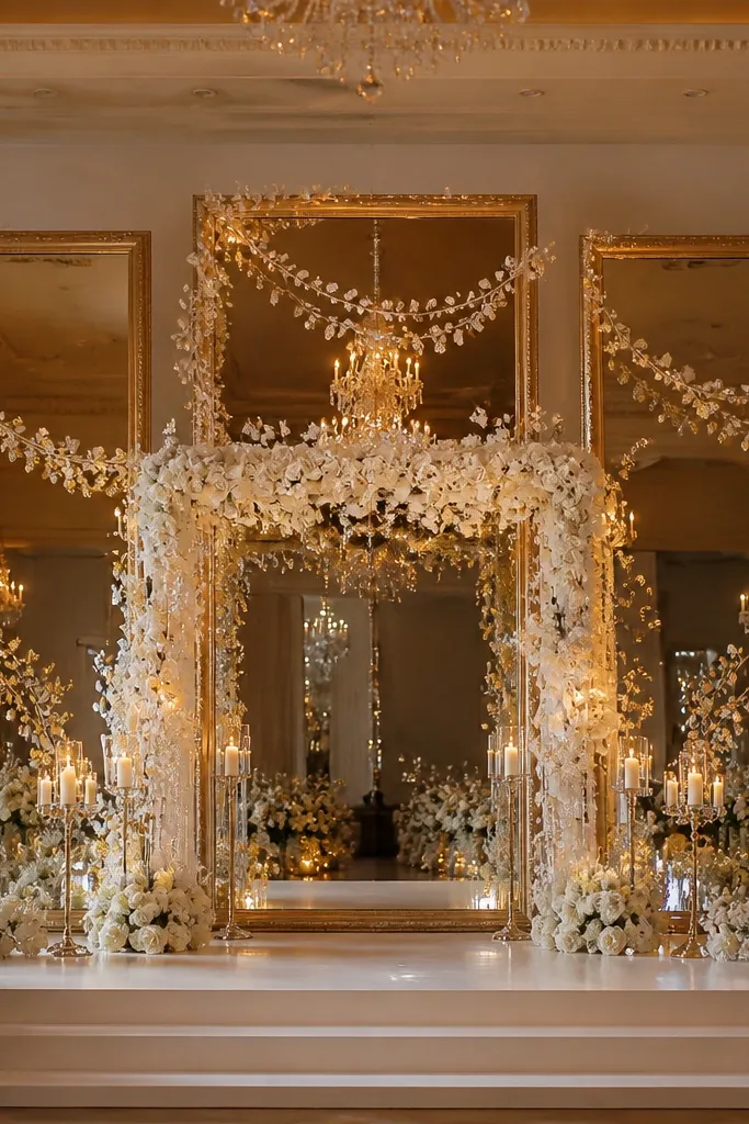 Gold-rim mirror panels with pearl-white vine garlands across stage