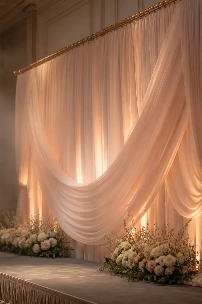 Blush chiffon swag backdrop with low floral arrangements on stage ledges