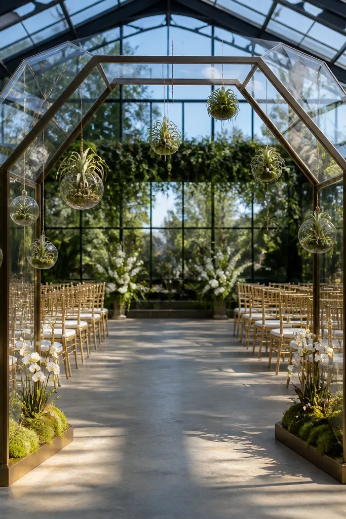 Terrarium arch with hanging air plants and small glass containers