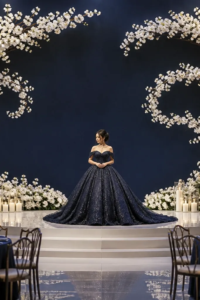 Navy backdrop with white flowers spiraled into the four stage corners