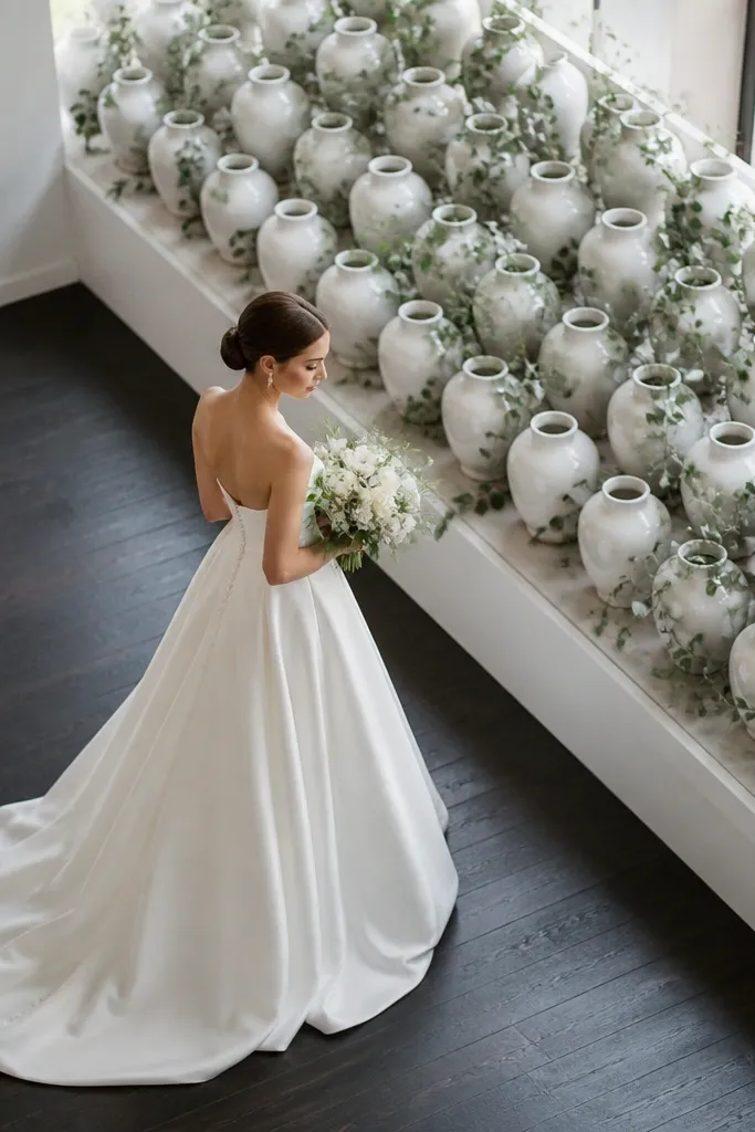 White ceramic vases arranged in a grid with greenery filler on the stage