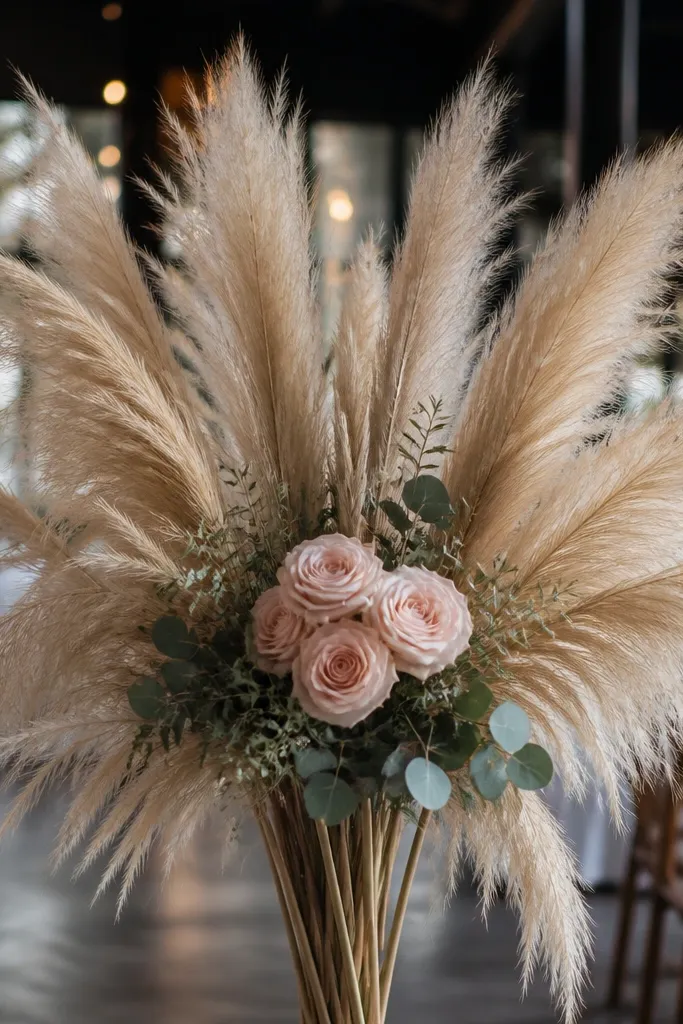 Tall pampas grass with a blush rose cluster at the stage center