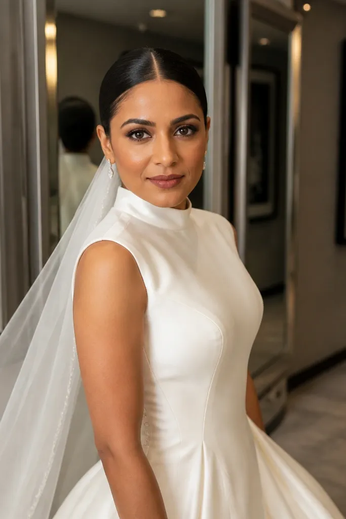 Sleek low bun with a center part and glossy shine