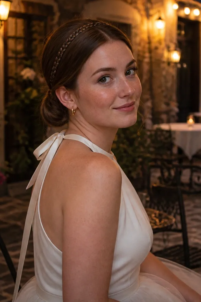 Low bun with a thin braided band across the front