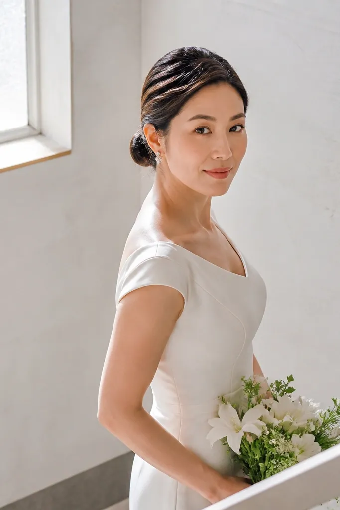 Low bun with gentle crown volume and smooth top