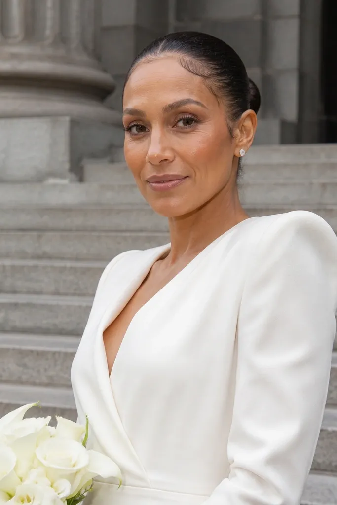 Low bun with a smooth hairline and tiny wisps near the forehead