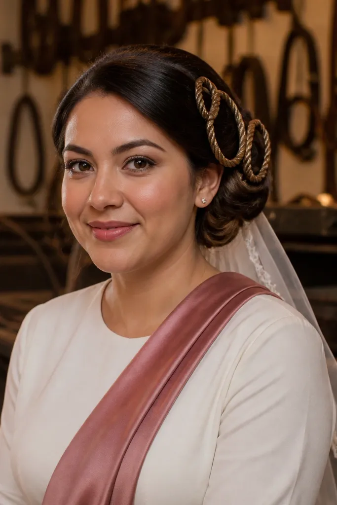 Low bun wrapped with a rope braid around the base