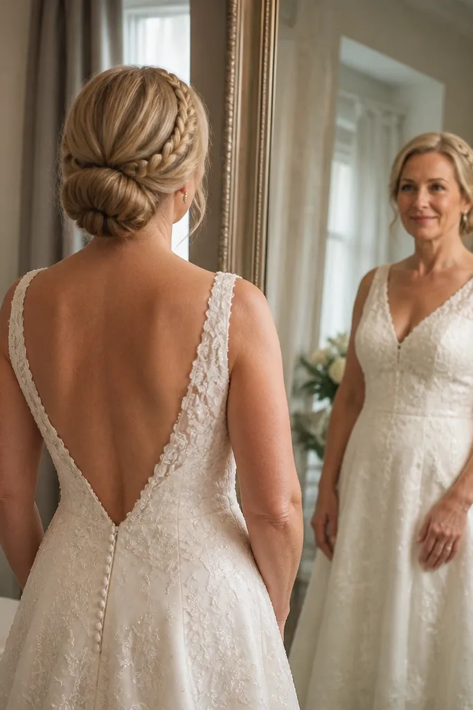 Sleek low bun with a braided crown section on top
