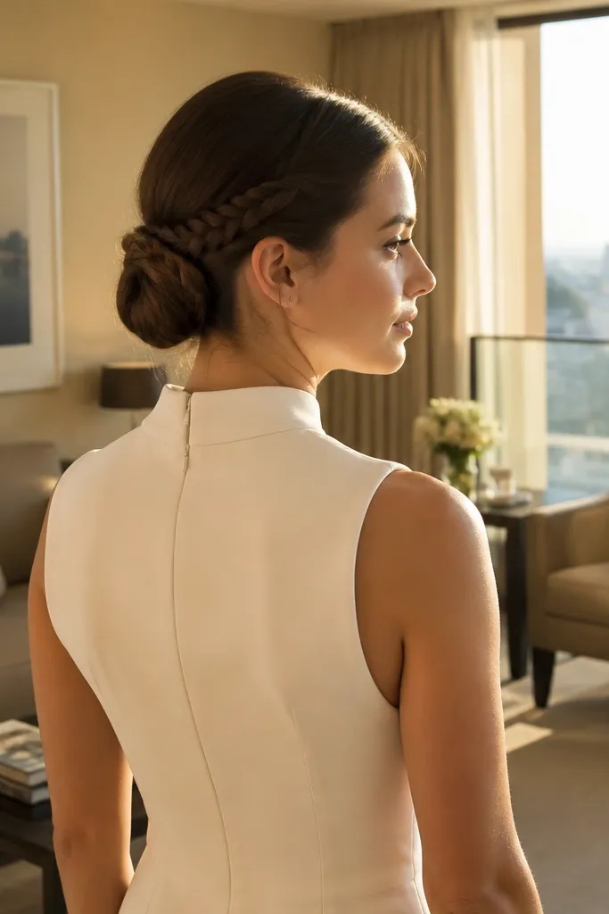 Low bun with a small braided pinch detail at the nape