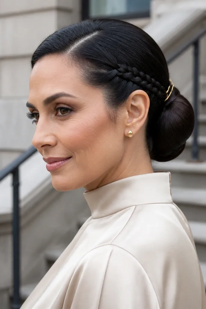 Sleek low bun with a thin braid accent on one side