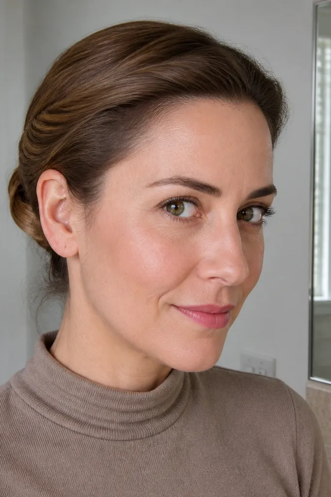 Low bun with a twist that creates smooth front coverage