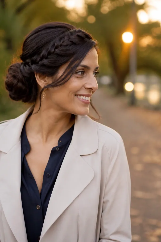 Low bun with a waterfall braid pattern starting at the front