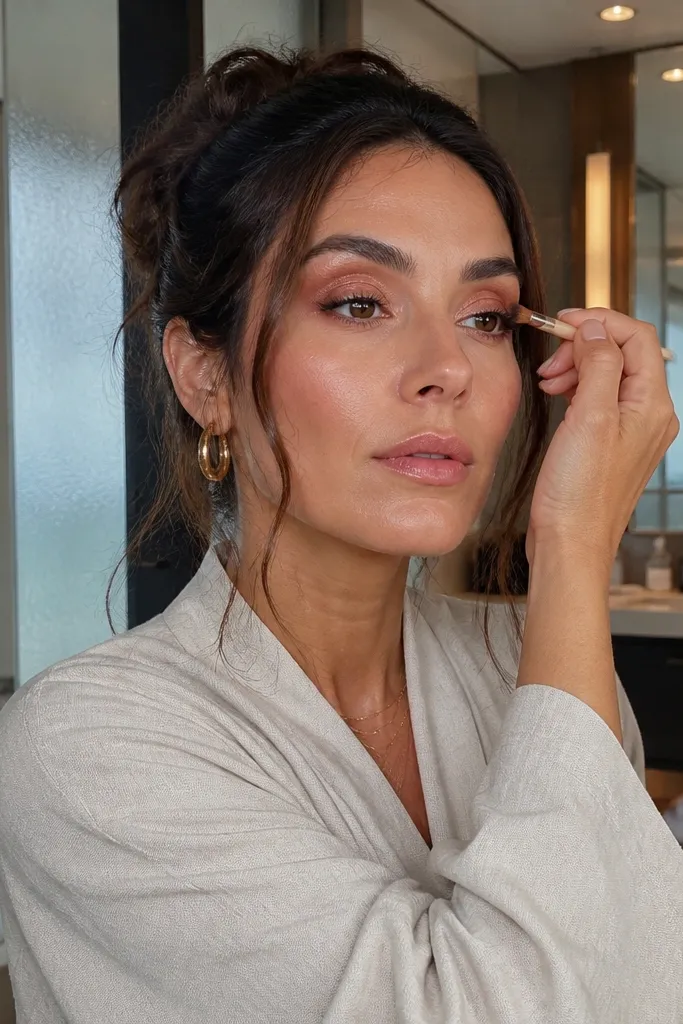 Rose terracotta smoky eyes with a glossy shimmer dot in the center of the lid