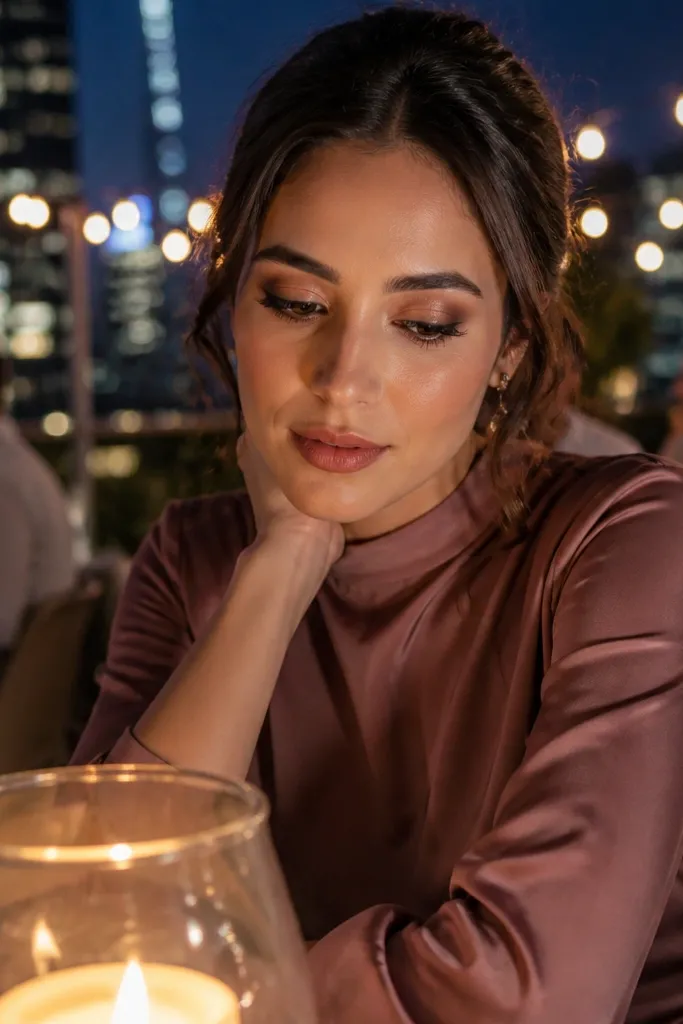 Soft plum smoky eyes with copper shimmer in the inner corner