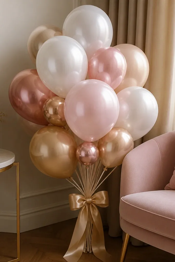 Blush pearl balloons tied with a gold ribbon bouquet cluster