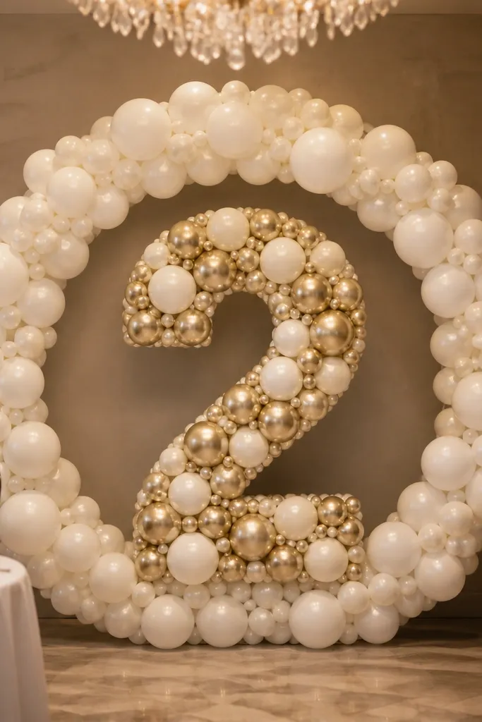 Champagne and white number balloons with a halo backdrop and soft lights