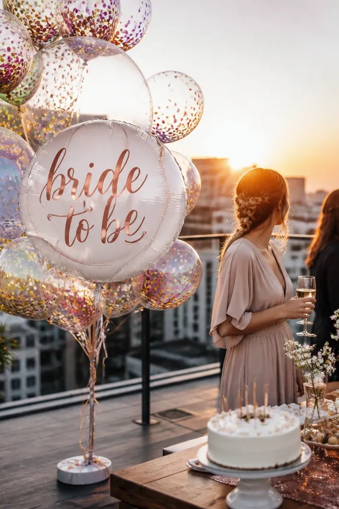 Iridescent confetti balloons with a central Bride to Be foil bubble