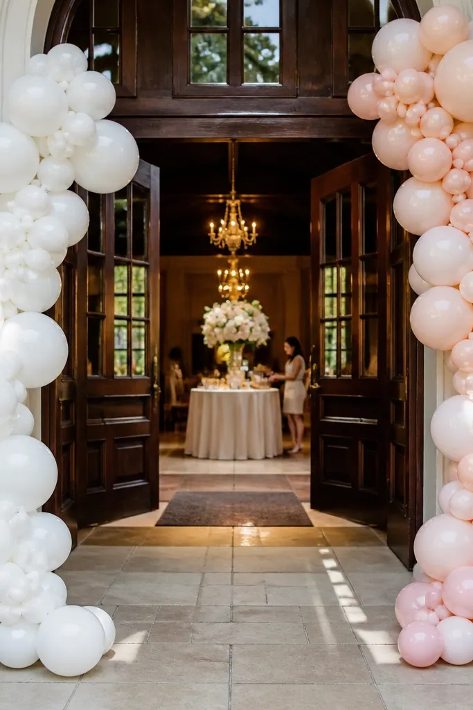 White and blush balloon taper columns framing a doorway