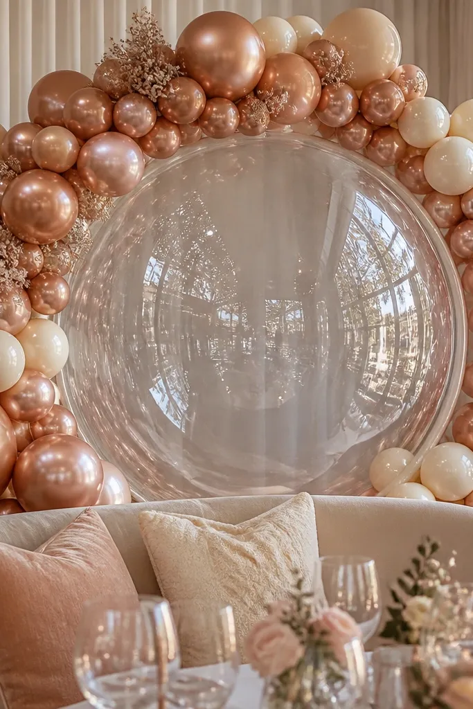 Rose gold pearl balloon arch with a clear bubble panel in the center