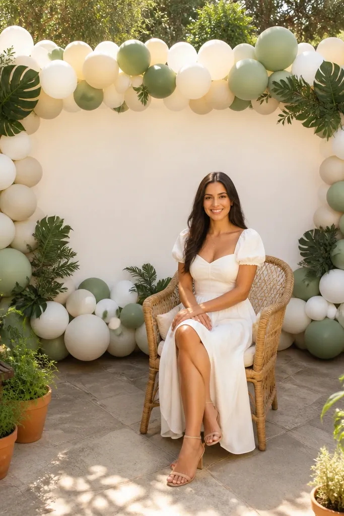 White balloon frame with leafy green accent balloons around the edges