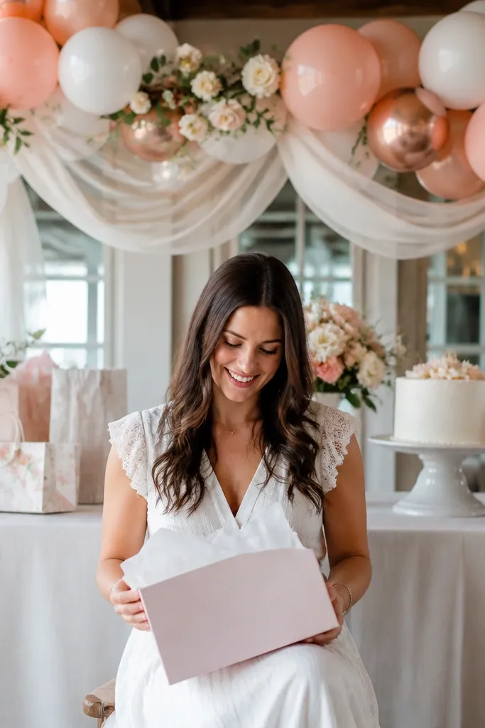 Blush and white balloon garlands above a table with a clean backdrop