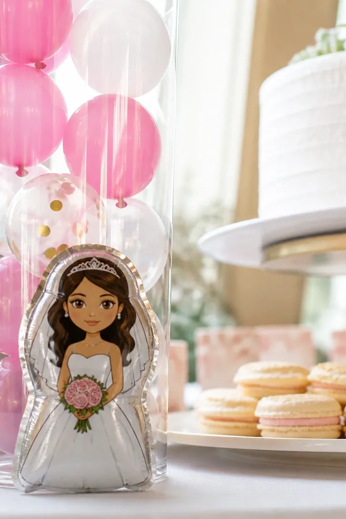 Clear balloon tube with floating mini balloons and a bride foil tag
