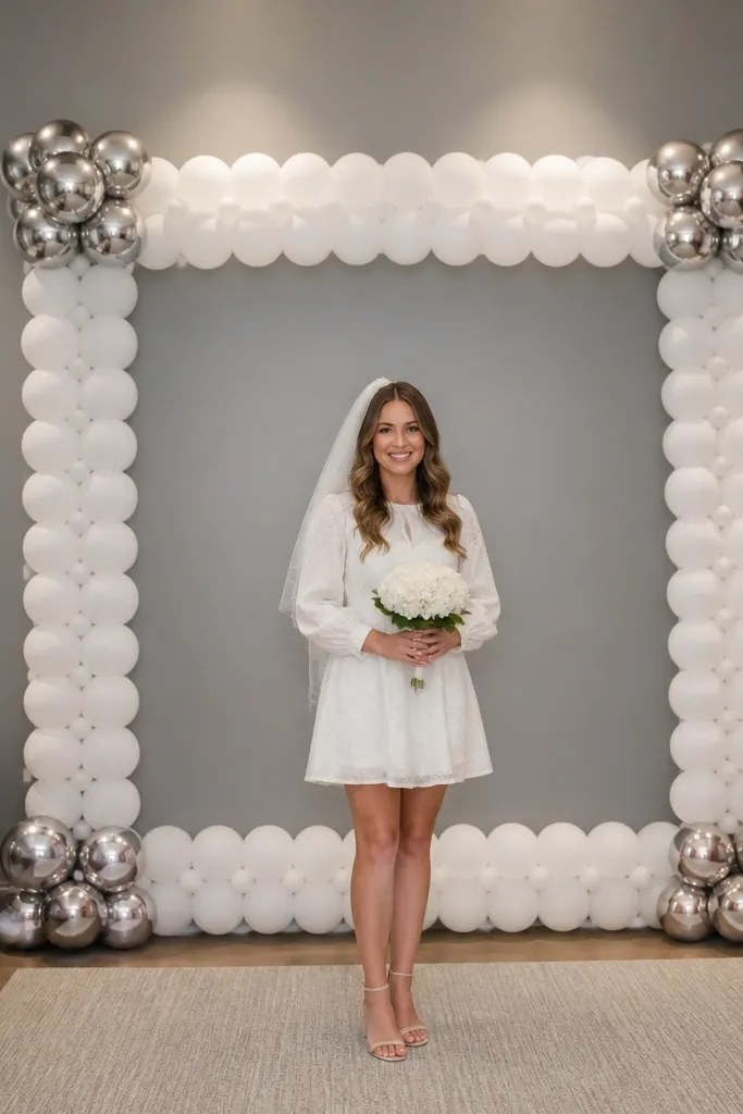 White balloon border frame with chrome corner balloons