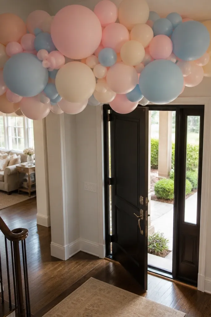 Pastel cloud balloon ceiling drop hanging above an entrance