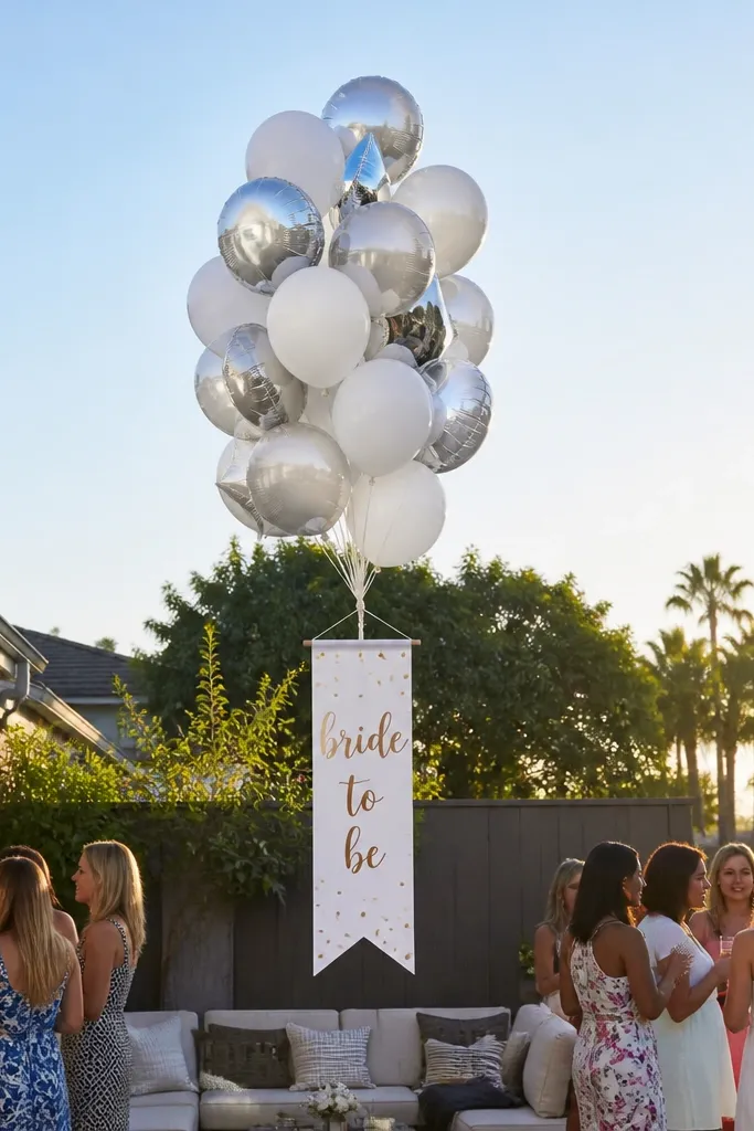 White and silver balloon floating stack with a bride-to-be banner strip
